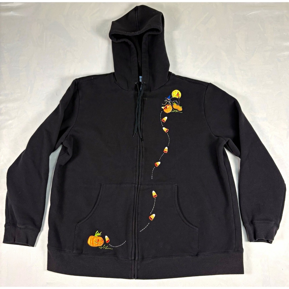 Classic Elements Woman Halloween Hoodie 1X 16/18W Black Cat Candy Corn Pumpkin
